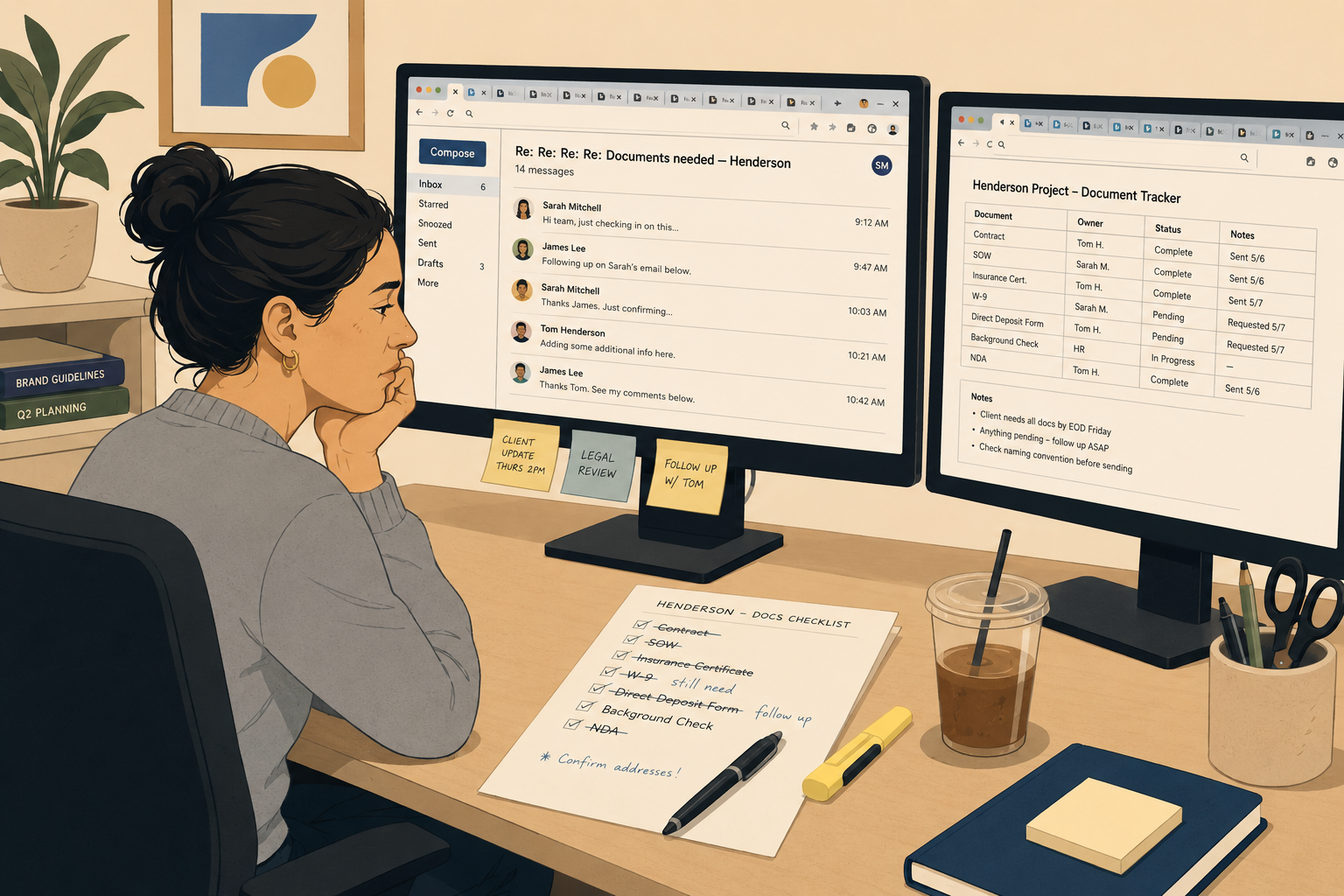 Before: cluttered desk, inbox overwhelm